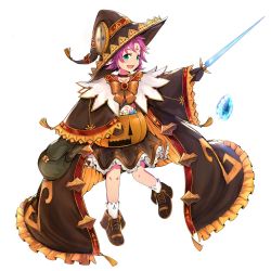 Rule 34 | 1girl, bow, bozugame, dress, facial mark, fae (fire emblem), fire emblem, fire emblem: the binding blade, fire emblem heroes, forehead mark, full body, green eyes, halloween costume, hat, holding, holding sword, holding weapon, long sleeves, nintendo, open mouth, purple hair, short hair, simple background, solo, sword, weapon, white background, wide sleeves, witch hat