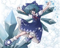 Rule 34 | 1girl, bad id, bad pixiv id, blue eyes, blue hair, cirno, crystal, dress, element bender, embodiment of scarlet devil, female focus, full body, ice, matching hair/eyes, outstretched arms, socks, solo, spread arms, touhou, underwear, wings, yorii shuuichi