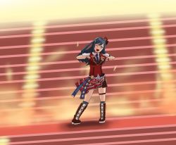 Rule 34 | 1girl, ;), artist name, artist request, bare legs, black footwear, black hair, black skirt, blue hair, blue ribbon, blush, boots, breasts, chase (love live!), collared shirt, cross-laced footwear, dark blue hair, dress shirt, earrings, female focus, fingerless gloves, floating hair, full body, gloves, grey eyes, hair ornament, hairclip, half gloves, hat, high heel boots, high heels, highres, jewelry, layered skirt, legwear garter, long hair, looking at viewer, love live!, love live! nijigasaki high school idol club, love live! school idol festival, mini hat, mini top hat, miniskirt, necktie, on stage, one eye closed, parted lips, plaid, plaid skirt, pleated, pleated skirt, ponytail, puffy short sleeves, puffy sleeves, purple neckwear, red gloves, red hat, red shirt, red skirt, red vest, ribbon, shirt, short sleeves, side ponytail, single legwear garter, skirt, small breasts, smile, solo, sparkle print, stage, stage lights, stairs, standing, suspender skirt, suspenders, top hat, triangle earrings, vest, white shirt, wing collar, wink, yuki setsuna (love live!)