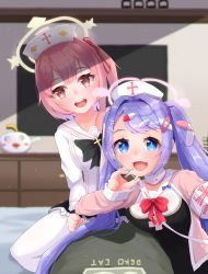 Rule 34 | 2girls, armband, bed, blue archive, blurry, blurry background, breasts, commentary request, fang, halo, hanae (blue archive), hat, highres, k4washima, looking at viewer, multiple girls, nurse cap, open mouth, pink eyes, pink hair, pov, school uniform, serina (blue archive), stuffed animal, stuffed toy, syringe