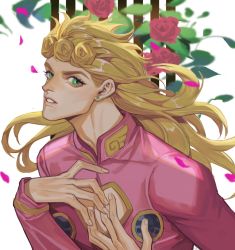 Rule 34 | 1boy, blonde hair, braid, bug, cleavage cutout, clothing cutout, earrings, flower, giorno giovanna, green eyes, hair down, hand on own chest, highres, insect, jewelry, jojo no kimyou na bouken, ladybug, long hair, male focus, manly, rose, solo, spadelake, vento aureo