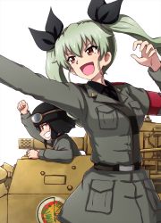 Rule 34 | 2girls, :d, anchovy (girls und panzer), anzio (emblem), anzio military uniform, belt, black belt, black hair, black headwear, black neckwear, black ribbon, black shirt, braid, brown eyes, carro veloce cv-33, clenched hand, commentary, dress shirt, drill hair, emblem, girls und panzer, goggles, goggles on headwear, green hair, grey jacket, grin, hair ribbon, helmet, highres, jacket, long hair, long sleeves, looking to the side, military, military uniform, military vehicle, motor vehicle, multiple girls, necktie, omachi (slabco), open mouth, pepperoni (girls und panzer), raised fist, red eyes, ribbon, sam browne belt, semovente 75/18, shirt, short hair, side braid, simple background, smile, standing, tank, twin drills, twintails, uniform, v-shaped eyebrows, white background