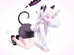Rule 34 | 1girl, absurdres, all fours, alternate costume, animal ear fluff, animal ears, black footwear, black skirt, blue archive, cat ears, cat tail, collared shirt, commentary request, demon horns, forehead, full body, half updo, halo, highres, hina (blue archive), horns, kemonomimi mode, korean commentary, legs, light purple hair, long hair, long sleeves, looking at viewer, nonoa, parted bangs, paw pose, pleated skirt, purple eyes, shadow, shirt, sketch, skirt, slit pupils, solo, tail, very long hair, white shirt