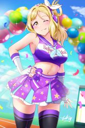 Rule 34 | ;p, absurdres, blonde hair, breasts, cheerleader, crop top, elbow gloves, gloves, hair rings, hand on own hip, highres, large breasts, love live!, love live! school idol festival, love live! sunshine!!, midriff, miniskirt, navel, neckerchief, official alternate costume, ohara mari, one eye closed, sailor collar, skirt, star (symbol), star print, stomach, thighhighs, thighs, tongue, tongue out, tsumikiy, white gloves, yellow eyes, zettai ryouiki