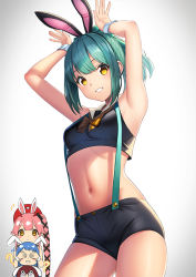 Rule 34 | 2others, 3girls, ?, adapted costume, animal ears, armpits, blue hair, blush, blush stickers, bokukawauso, commentary request, covering another&#039;s eyes, covering own eyes, enemy lifebuoy (kancolle), fake animal ears, green hair, grin, kantai collection, long hair, multiple girls, multiple others, navel, pink hair, ponytail, rabbit ears, rabbit pose, samidare (kancolle), short hair, short shorts, shorts, sleeveless, smile, suspenders, unowen, very long hair, wrist cuffs, yellow eyes, yura (kancolle), yuubari (kancolle)
