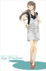 Rule 34 | 1girl, bare legs, black shirt, blouse, brown hair, english text, hands on own hips, long hair, original, overall shorts, overalls, patterned, pinstripe pattern, ponytail, shirt, shorts, simple background, sleeveless, sleeveless shirt, solo, striped, walking, white background, yoshito