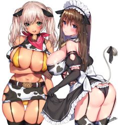 Rule 34 | 2girls, animal ears, animal print, ass, bare shoulders, bell, belt, bikini, black gloves, blue eyes, blush, breasts, brown hair, buckle, bursting breasts, butt crack, cleavage, clothes lift, collar, cow ears, cow girl, cow print, cow tail, cowbell, curvy, detached sleeves, dress, dress lift, elbow gloves, from side, gloves, green eyes, hip vent, horns, huge breasts, jpeg artifacts, long hair, looking at viewer, looking back, maid, maid headdress, mataro (matarou), miniskirt, multiple girls, navel, neck bell, open mouth, original, puffy detached sleeves, puffy sleeves, red scarf, scarf, simple background, skindentation, skirt, smile, stomach, swimsuit, tail, thick thighs, thighhighs, thighs, twintails, white background, white hair, wide hips, yellow bikini