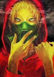 Rule 34 | 1boy, blonde hair, blood, boxcutter, commentary request, expressionless, face, gas mask, green eyes, holding, holding boxcutter, hood, hoodie, jacket, looking at viewer, male focus, mask, original, red jacket, scar, smoke, uraki (tetsu420), zipper