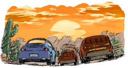 Rule 34 | barasui, blue car, cactus, car, cars (movie), desert, motor vehicle, red car, sunset