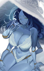 Rule 34 | 1girl, blue skin, bra, breasts, colored skin, elden ring, highres, large breasts, panties, ranni the witch, solo, underwear