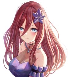 Rule 34 | 1girl, :t, bare shoulders, blue eyes, blush, breasts, cleavage, closed mouth, collarbone, dress, go-toubun no hanayome, hair between eyes, hair ornament, jewelry, leonmandala, long hair, looking at viewer, medium breasts, nakano miku, necklace, portrait, pout, purple dress, red hair, simple background, solo, upper body, v-shaped eyebrows, white background