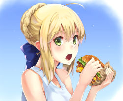 Rule 34 | 1girl, ahoge, alternate costume, artoria pendragon (all), artoria pendragon (fate), bare arms, bare shoulders, blonde hair, blouse, blue background, blue ribbon, braid, braided bun, burger, commentary request, eating, ep (emio parn), fate/stay night, fate (series), food, from side, green eyes, hair between eyes, hair bun, hair ornament, hair ribbon, holding, holding food, looking at viewer, open mouth, ribbon, saber (fate), shirt, short hair, simple background, sleeveless, sleeveless shirt, solo