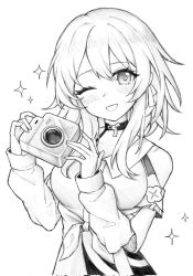 Rule 34 | 1girl, alternate breast size, blush, breasts, camera, choker, commentary request, corrupted twitter file, corset, dress shirt, flower ornament, greyscale, hands up, highres, holding, holding camera, honkai: star rail, honkai (series), jacket, large breasts, long sleeves, looking at viewer, mao g, march 7th (honkai: star rail), medium hair, monochrome, one eye closed, shirt, simple background, solo, tied jacket, upper body, white background