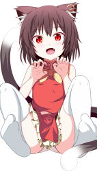 Rule 34 | 1girl, :d, absurdres, animal ears, blush, brown hair, cat ears, cat tail, chen, earrings, fang, furagu, highres, jewelry, multiple tails, no headwear, no headwear, open mouth, paw pose, red eyes, short hair, simple background, single earring, sitting, smile, solo, spread legs, tail, thighhighs, touhou, white background, white thighhighs