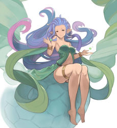 Rule 34 | 10s, 1girl, armpits, ass, bad id, bad twitter id, barefoot, bottomless, bracelet, breasts, granblue fantasy, hanarito, jewelry, looking at viewer, navel, pointy ears, purple hair, sitting, solo, thigh strap, tiamat (granblue fantasy)