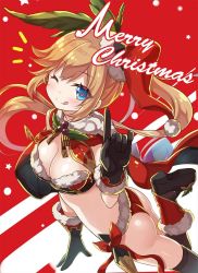Rule 34 | 10s, 1girl, ;q, ass, boots, breasts, christmas, clarisse (granblue fantasy), cleavage, flat ass, from side, granblue fantasy, hat, heart, heart-shaped pupils, jpeg artifacts, leg up, medium breasts, merry christmas, mitsuki, one eye closed, ponytail, red background, santa boots, santa bra, santa hat, santa panties, solo, symbol-shaped pupils, tongue, tongue out, yano mitsuki (nanairo)