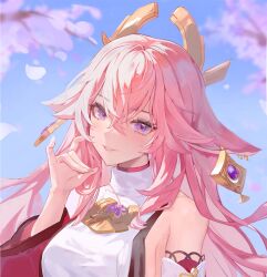 Rule 34 | 1girl, animal ears, bad link, bare shoulders, breasts, cherry blossoms, crossed bangs, detached sleeves, earrings, fox ears, fox shadow puppet, genshin impact, hair between eyes, highres, japanese clothes, jewelry, large breasts, long hair, looking at viewer, nontraditional miko, parted lips, pink hair, pink nails, purple eyes, shirt, sideboob, sleeveless, sleeveless shirt, smile, solo, ssr (azmr2828), turtleneck, upper body, white shirt, white sleeves, wide sleeves, yae miko