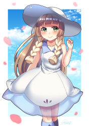 Rule 34 | 1girl, bare arms, blonde hair, blue sky, blunt bangs, blush, braid, closed mouth, cloud, collarbone, collared dress, creatures (company), day, dress, game freak, green eyes, hat, highres, kneehighs, lillie (pokemon), long hair, looking away, looking to the side, nagase kizuna, nintendo, petals, pokemon, pokemon sm, see-through, sky, sleeveless, sleeveless dress, smile, socks, solo, standing, sun hat, sundress, twin braids, white dress, white hat, white socks