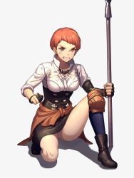 Rule 34 | 1girl, black footwear, black gloves, blue socks, boots, breasts, clenched teeth, dirty, dirty clothes, dirty face, female focus, fingerless gloves, fire emblem, fire emblem: three houses, full body, garreg mach monastery uniform, gloves, highres, knee pads, kneehighs, lance, leonie pinelli, matching hair/eyes, medium breasts, moyashi mou2, nintendo, on one knee, orange eyes, orange hair, polearm, shadow, short hair, simple background, skirt, sleeves rolled up, socks, solo, spear, teeth, thighs, waist cape, weapon, white background