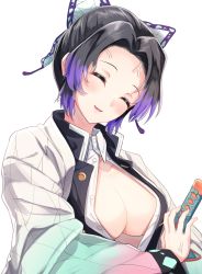 Rule 34 | 1girl, ^ ^, black hair, blush, bow, breasts, closed eyes, collarbone, commentary request, closed eyes, forehead, hair bow, haori, head tilt, highres, igayan, japanese clothes, katana, kimetsu no yaiba, kochou shinobu, long sleeves, medium breasts, multicolored hair, parted lips, purple hair, shirt, short hair, sidelocks, simple background, smile, solo, sword, upper body, veins, weapon, white background, white bow, white shirt, wide sleeves