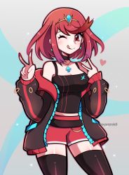 Rule 34 | 1girl, absurdres, alternate costume, breasts, highres, jacket, large breasts, one eye closed, pyra (xenoblade), red eyes, red hair, short hair, solo, swept bangs, tongue, tongue out, touyarokii, xenoblade chronicles (series), xenoblade chronicles 2