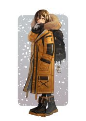 Rule 34 | 1girl, absurdres, arknights, artist name, backpack, bag, bird, black footwear, black socks, boots, brown hair, coat, from side, full body, fur trim, gloves, hand in pocket, hand up, high collar, highres, hood, long sleeves, looking at viewer, looking to the side, magallan (arknights), medium hair, multicolored hair, open clothes, open coat, open mouth, penguin, sidelocks, sleeves past wrists, snow, socks, solo, standing, streaked hair, teeth, upper teeth only, white gloves, yellow coat, yellow eyes, yoon cook