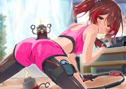 Rule 34 | 1girl, absurdres, android, breasts, brown hair, highres, hololive, long hair, looking at viewer, mechanical arms, mechanical legs, medium breasts, roboco-san, robosaa (roboco), robot, satobitob, virtual youtuber, yellow eyes