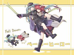 Rule 34 | 2girls, black cape, black footwear, black gloves, black jacket, black skirt, blue eyes, boots, bow, cape, carrying, drill hair, dual wielding, frontiersun, gloves, grey cloak, hair bow, hatsune miku, heterochromia, highres, holding, holding sword, holding weapon, jacket, kasane teto, kasane teto (sv), multiple girls, open mouth, paper hero (vocaloid), pink eyes, pink hair, pleated skirt, princess carry, skirt, smile, sword, synthesizer v, twin drills, utau, vocaloid, weapon, white bow, yuki miku