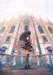Rule 34 | 1girl, absurdres, arcaea, architecture, axleaki, black dress, black footwear, black hair, blue flower, bow, building, church, closed mouth, commentary, dress, flower, frilled dress, frills, from below, full body, grey thighhighs, hair bow, hair flower, hair ornament, hands up, highres, holding, holding umbrella, long hair, long sleeves, looking at viewer, looking down, looking to the side, purple eyes, railing, scenery, shoes, sideways glance, sky, solo, standing, tairitsu (arcaea), tairitsu (grievous lady) (arcaea), thighhighs, umbrella, window