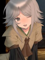 Rule 34 | 1other, :3, androgynous, ascot, black sleeves, brown ascot, brown coat, coat, gas wf, grey eyes, grey hair, hashtag-only commentary, highres, houlen yabusame, layered sleeves, len&#039;en, long sleeves, looking at viewer, lower teeth only, one eye closed, open mouth, other focus, puffy short sleeves, puffy sleeves, short hair with long locks, short over long sleeves, short sleeves, solo, teeth