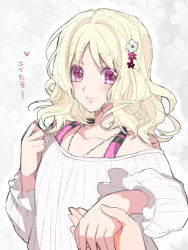 Rule 34 | 10s, 1girl, blonde hair, blush, diabolik lovers, floral background, flower, hair flower, hair ornament, holding hands, jewelry, komori yui, necklace, off-shoulder, off-shoulder sweater, pink eyes, ribbed sweater, smile, solo focus, sweater, takatsuki ichi, translation request, wavy hair