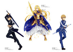 Rule 34 | 1girl, 2boys, absurdres, alice zuberg, armor, artist request, black hair, blonde hair, eugeo, glowing, gold armor, highres, holding, holding sword, holding weapon, kirito, multiple boys, simple background, sword, sword art online, sword art online: alicization, weapon, white background, yellow eyes