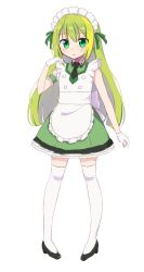 Rule 34 | 1girl, alina gray, alternate costume, apron, black footwear, black necktie, blonde hair, blush, closed mouth, collared dress, dress, enmaided, frilled apron, frilled dress, frills, full body, gloves, green dress, green eyes, green hair, green ribbon, hair between eyes, highres, ichigo no yatsuhashi, long hair, looking at viewer, magia record: mahou shoujo madoka magica gaiden, mahou shoujo madoka magica, maid, maid apron, maid headdress, multicolored hair, necktie, ribbon, shoes, sidelocks, simple background, solo, standing, straight hair, streaked hair, thighhighs, white apron, white background, white gloves, white thighhighs