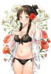 Rule 34 | 1girl, akiyama mio, bad id, bad pixiv id, bare shoulders, bikini, black bikini, black hair, blush, breasts, cleavage, collarbone, commentary request, flower, grey eyes, jacket, k-on!, large breasts, long hair, looking at viewer, navel, ponytail, red flower, rnrnmm0624, see-through, side-tie bikini bottom, simple background, solo, swimsuit, white background, white flower, white jacket