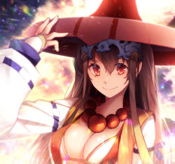 Rule 34 | 1girl, adjusting clothes, adjusting headwear, ajirogasa, bead necklace, beads, bikini, bikini top only, breasts, brown hair, cleavage, earrings, fate/grand order, fate (series), hat, hoop earrings, jewelry, large breasts, lens flare, long hair, looking at viewer, necklace, red eyes, smile, solo, swimsuit, upper body, xuangzang sanzang (fate), yun (outsidey)