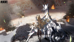 Rule 34 | 1girl, absurdres, artist request, blonde hair, brick wall, brown pantyhose, castle, commentary, cropped, crown (nikke), day, dress, english commentary, fire, goddess of victory: nikke, gun, highres, holding, holding gun, holding weapon, horse, long hair, long sleeves, machine gun, non-humanoid robot, official art, outdoors, pantyhose, rapture (nikke), robot, robot animal, second-party source, snow, standing, trombe (nikke), watermark, weapon, white dress