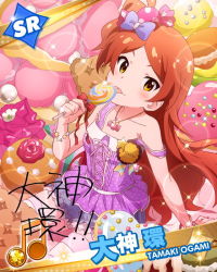 Rule 34 | 10s, 1girl, beamed quavers, bracelet, brown hair, candy, card (medium), character name, character signature, food, idolmaster, idolmaster million live!, jewelry, licking, lollipop, long hair, musical note, official art, ogami tamaki, one side up, orange eyes, ribbon, side ponytail, signature, sitting, solo, sparkle, swirl lollipop