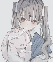 Rule 34 | 1girl, artist name, bandaid, bandaid on hand, blue sweater vest, blunt ends, blush, closed mouth, collared shirt, grey background, grey hair, hair between eyes, hair ribbon, highres, long hair, looking at viewer, niaa, original, red eyes, ribbon, shade, shirt, simple background, solo, stuffed animal, stuffed toy, sweater vest, twintails, upper body, white ribbon, white shirt