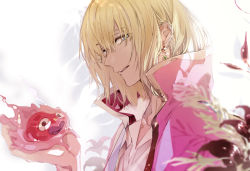 Rule 34 | 1boy, blonde hair, blue eyes, calcifer, cape, collared shirt, earrings, flower, hair between eyes, high collar, holding, howl (howl no ugoku shiro), howl no ugoku shiro, jewelry, looking at viewer, male focus, open mouth, print cape, red flower, shirt, simple background, sparkle, suou (sdurorhr), upper body, white background, white shirt