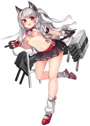 Rule 34 | 1girl, 2drr, :d, animal ears, azur lane, belt, belt buckle, black skirt, blue nails, blush, breasts, buckle, cannon, commentary request, crop top, crop top overhang, fang, fingerless gloves, fingernails, full body, gloves, grey hair, high heels, leaning to the side, long hair, looking at viewer, loose socks, machinery, medium breasts, midriff, multicolored nails, nail polish, navel, one side up, open mouth, pleated skirt, purple nails, red belt, red eyes, red footwear, red gloves, red nails, school uniform, serafuku, shirt, shoes, short sleeves, simple background, skirt, smile, socks, solo, standing, standing on one leg, tail, thick eyebrows, turret, underboob, very long hair, white background, white shirt, white socks, wolf ears, wolf girl, wolf tail, yuudachi (azur lane)