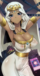Rule 34 | 1girl, absurdres, armlet, armpits, arms up, bad id, bad pixiv id, black hair, blue eyes, blush, breasts, cameltoe, card, chain, cleavage, collarbone, covered erect nipples, covered navel, dark-skinned female, dark skin, dress, egyptian, forehead jewel, frown, hair tubes, headdress, headpiece, highres, impossible clothes, impossible dress, ishizu ishtar, jazz jack, large breasts, long hair, millennium necklace, nipples, no bra, no panties, playing card, see-through, sidelocks, signature, solo, straight hair, yu-gi-oh!, yu-gi-oh! duel monsters