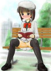 Rule 34 | 1girl, bench, black thighhighs, blush, book, bow, brown eyes, brown hair, cleft of venus, closed mouth, embarrassed, exhibitionism, female focus, full body, grey headwear, holding, holding book, loafers, bowtie, no panties, original, outdoors, park bench, pleated skirt, public indecency, pussy, red bow, shoes, short hair, sitting, skirt, solo, spread legs, sweatdrop, takapi (chimee house), thighhighs, thighs