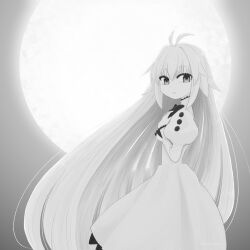 Rule 34 | 1girl, antenna hair, arcueid brunestud, bow, bowtie, dress, eco-arc, expressionless, full moon, greyscale, highres, ichikawahonzen, juliet sleeves, long hair, long sleeves, looking at viewer, monochrome, moon, puffy sleeves, solo, tsukihime, tsukihime (remake), upper body, very long hair