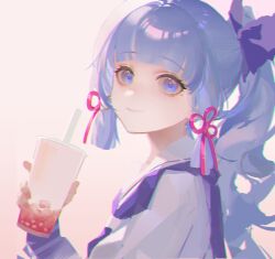 Rule 34 | 1girl, absurdres, ayaka (genshin impact), blue eyes, blue hair, bow, closed mouth, cup, disposable cup, drinking straw, from side, genshin impact, gyokuen, hair bow, hair ribbon, hand up, highres, holding, holding cup, kamisato ayaka, kamisato ayaka (heytea), long hair, looking at viewer, looking to the side, official alternate costume, ponytail, purple bow, purple sailor collar, red ribbon, ribbon, sailor collar, shirt, sidelocks, smile, solo, tress ribbon, upper body, white shirt