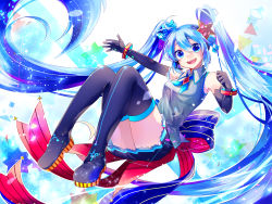 Rule 34 | 1girl, :d, abstract background, ahoge, black footwear, black gloves, black skirt, blue eyes, blue hair, blush, boots, bracelet, clenched hand, collared shirt, elbow gloves, full body, gem, gloves, grey shirt, hair ornament, hair scrunchie, hatsune miku, highres, jewelry, knees up, light particles, long hair, looking at viewer, miniskirt, open mouth, outstretched arm, petticoat, pleated skirt, scrunchie, shirayuki towa, shirt, skirt, sleeveless, sleeveless shirt, smile, solo, star (symbol), star hair ornament, tareme, teeth, thigh boots, thighhighs, upper teeth only, very long hair, vocaloid, wing collar, zettai ryouiki