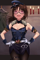 Rule 34 | 1girl, akizuki ritsuko, bare shoulders, belt, black bodysuit, black pantyhose, bodysuit, breasts, brown eyes, brown hair, candle, candlelight, cleavage, clothes hanger, commentary request, cowboy shot, cuffs, detached collar, detached sleeves, dot nose, front slit, fur-trimmed collar, fur trim, glasses, gloves, hanamasa ono, handcuffs, hands on own hips, hat, heart belt, highres, idolmaster, idolmaster (classic), idolmaster million live!, idolmaster million live! theater days, indoors, large breasts, long hair, looking at viewer, open mouth, pantyhose, ponytail, short sleeves, smile, solo, thigh belt, thigh strap, white belt, white gloves