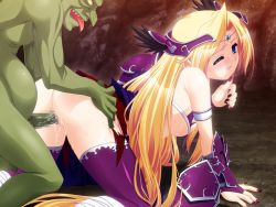 Rule 34 | 1boy, 1girl, all fours, blonde hair, blue eyes, blush, breasts, censored, doggystyle, dual tail, game cg, hetero, long hair, monster, nail polish, nipples, open mouth, penis, pussy, rape, sex, sex from behind, thighhighs, tongue, torn clothes, troll, vaginal, wince