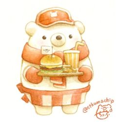 Rule 34 | artist name, bear, black eyes, blush, burger, cup, drinking straw, flag, food, hat, looking at viewer, mittens, no humans, original, polar bear, red hat, red mittens, signature, st.kuma, standing, transparent background, twitter username, white background