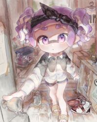 Rule 34 | 1girl, black bow, black hairband, black shorts, blush, bow, bow hairband, clothes hanger, collared shirt, commentary, dolphin shorts, doorknob, doorway, flower, full body, hair bow, hairband, highres, imoyamaimo, inkling, inkling girl, inkling player character, long sleeves, looking at viewer, multicolored footwear, nintendo, no socks, opening door, outstretched arm, parted lips, pov doorway, print shirt, purple eyes, purple hair, purple trim, red flower, sandals, shirt, shoes, short hair, short sleeves, short twintails, shorts, sidelocks, sneakers, solo, splatoon (series), symbol-only commentary, tentacle hair, thick eyebrows, toes, twintails, two-tone shirt, unworn shirt, unworn shoes, white shirt, yellow footwear