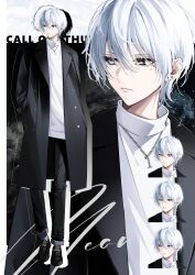 Rule 34 | 1boy, absurdres, black background, black coat, black footwear, black pants, boots, chain necklace, closed mouth, coat, earrings, expressionless, full body, grey background, grey eyes, grey hair, highres, ikurikaito, jewelry, male focus, mole, mole under eye, multicolored background, multiple earrings, necklace, original, pants, shirt, short hair, turtleneck, white shirt